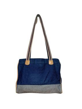 Veneto NY Denim Shoulder Bag Stripes Straps Multi Compartments Y2K Slouchy Tote